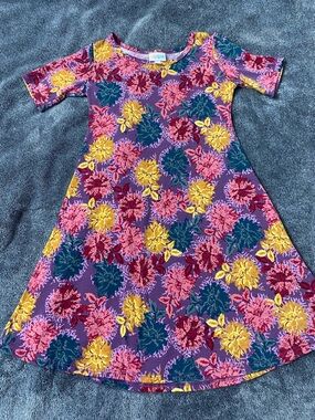 LuLaRoe Mae Girls Floral Dress Size 10 | Short Sleeve Purple Pink Yellow